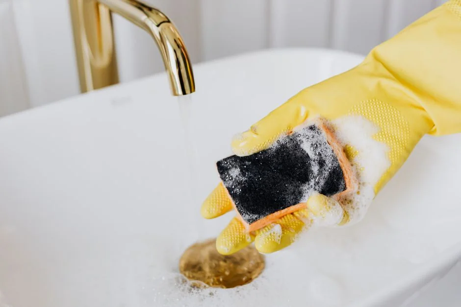services-04 From above anonymous housekeeper in yellow rubber gloves spraying cleaner to chrome water faucet in bathroom